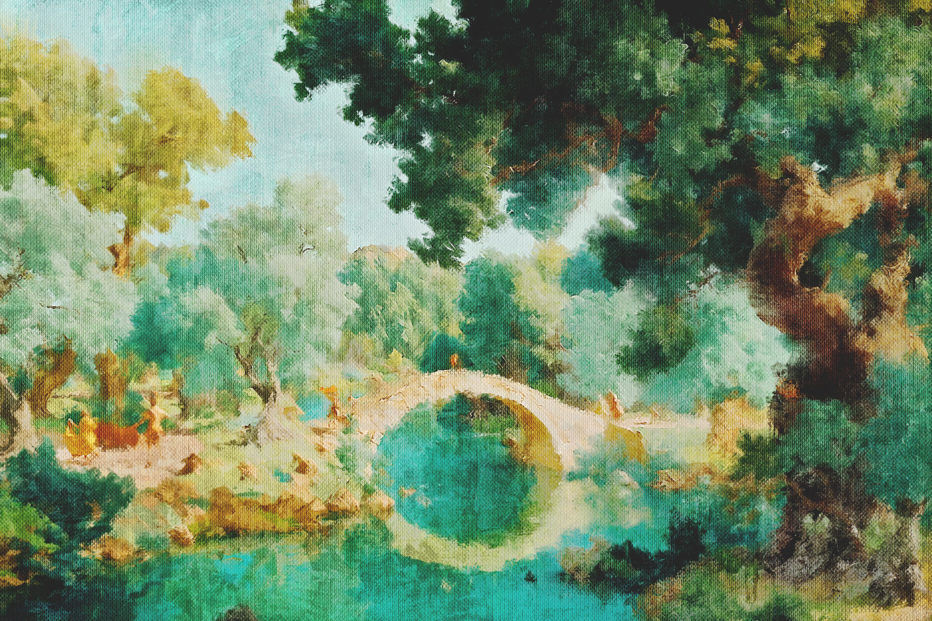 Painterly landscape of a stone bridge over turquoise water in a lush garden